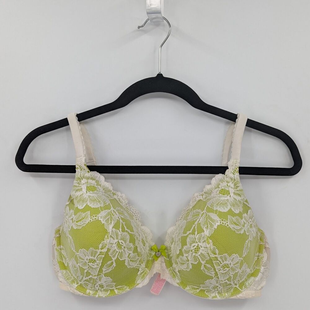 Victoria's Secret Bra Women's 36D Neon Green Cream Lace Lined Perfect Coverage